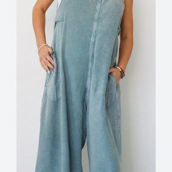 Boutique Mineral Wash Waffle Knit Open Back Jumpsuit - Picture 7 of 8